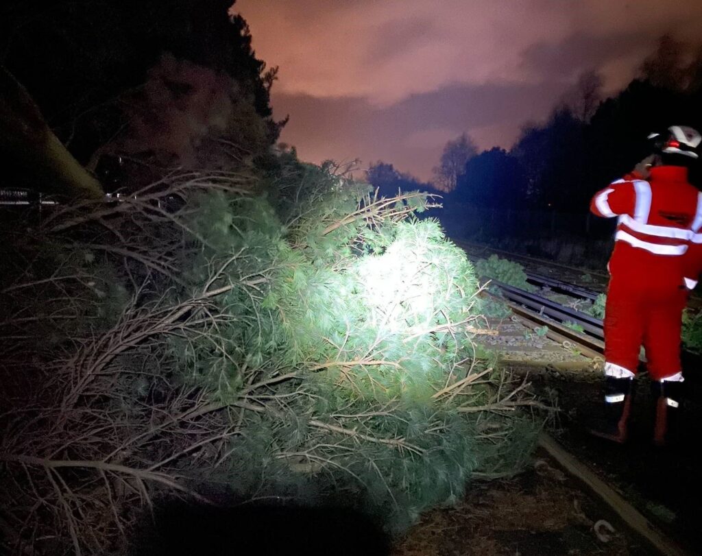Image provided by Network Rail of tree blocking the track between Ainsdale and Freshfield.