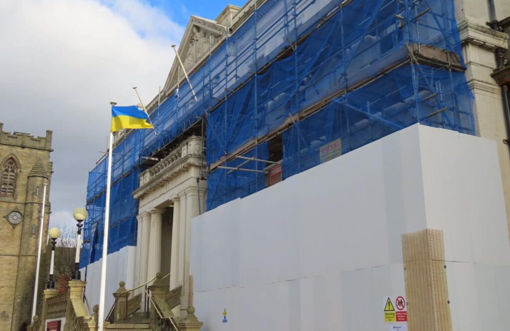 The Ukraine flag flies outside Southport Town Hall in Southport. Photo by Andrew Brown Media