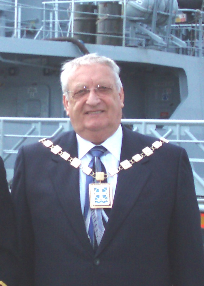 Fomer Mayor of Sefton Cllr Tommy Mann in front of HMS Mersey