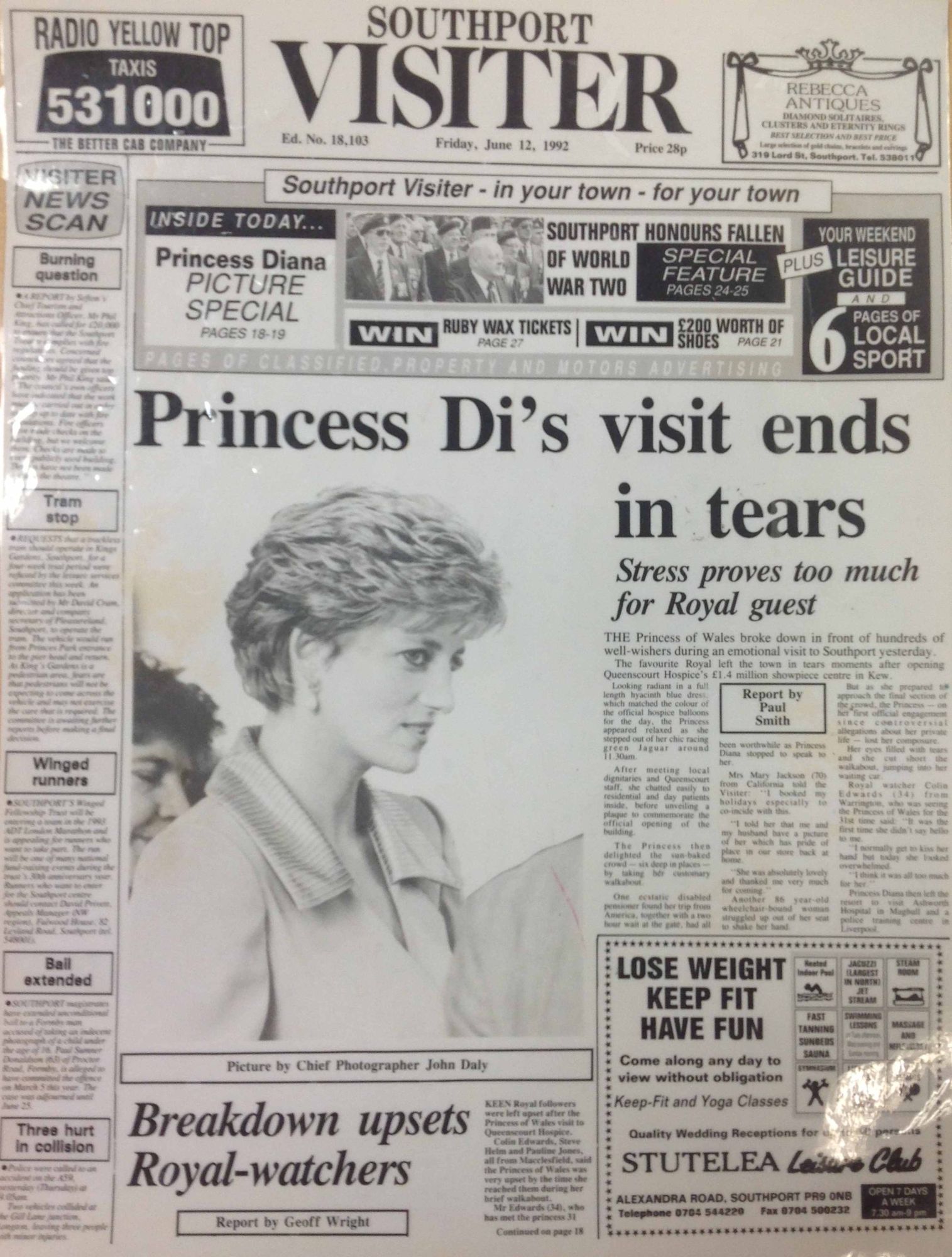 The Southport Visiter front page on Friday, June 12, 1992 reports how Princess Diana's visit to Queenscourt Hospice ender with her bursting into tears.