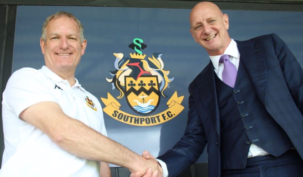 Steve Dewsnip, Southport FC Head of Commercial and Operations (left) with Exclusive Media CEO Neil Wilson (right) launch the new Southport FC Rewards initiative
