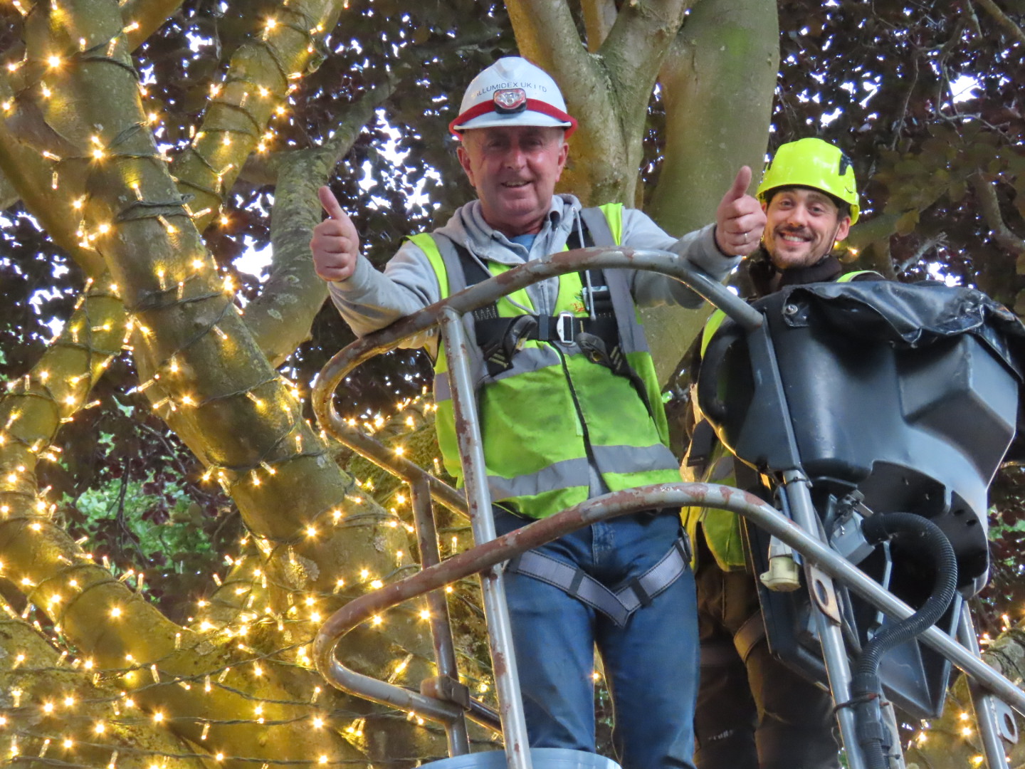 Ainsdale Village in Southport has been lit up with 70,000 new lights thanks to Ainsdale Civic Society and IllumiDex UK Ltd. Steve Clayton and Chris Ryan from IllumiDex celebrate completing the project. Photo by Andrew Brown Media