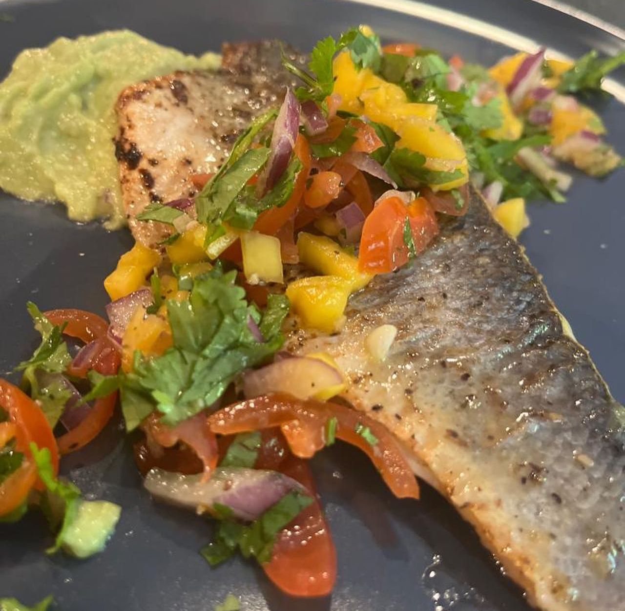 Seabass with Mango Salsa and Avocado Sauce