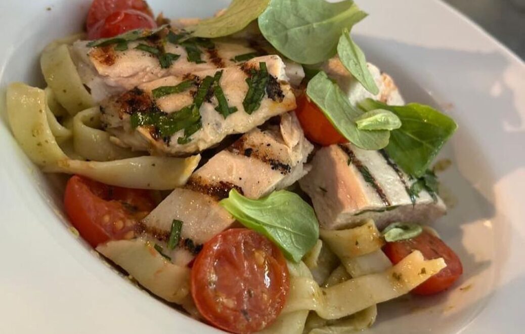 Tagliatelle Pesto with Lemon Chicken and Oven Roasted Tomato at Anelli Hotel in Southport