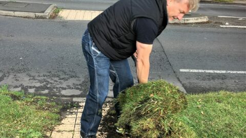 Councillors roll up their sleeves to clear overgrown grass from tactile paving on busy road