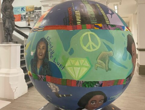World Reimagined globe created by Southport Against Racism and local children takes pride of place at The Atkinson