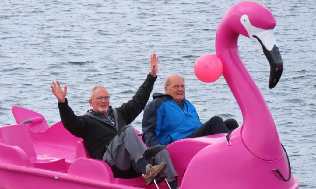 The Rotary Club of Southport staged a Purple Flamingo, Purple for Pedalo race on the Marine Lake in Southport. Winners Roger Thwaites and John Gartside. Photo by Andrew Brown Media