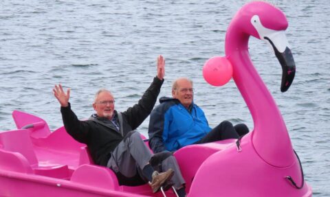 Rotarians race flamingo pedalos at Marine Lake in Southport in campaign to eradicate polio