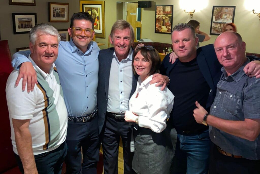Neil Gokcen hosted a fundraising Sportsmans Dinner at Auberge restaurant in Southport to raise money for The Larks / Marina Dalglish Appeal in memory of his wife Catherine. Neil is pictured (second left) with football legends Neil Snodin (left), Sir Kenny Dalglish (third left), Graham Stuart (fifth left) and Steve McMahon (right)