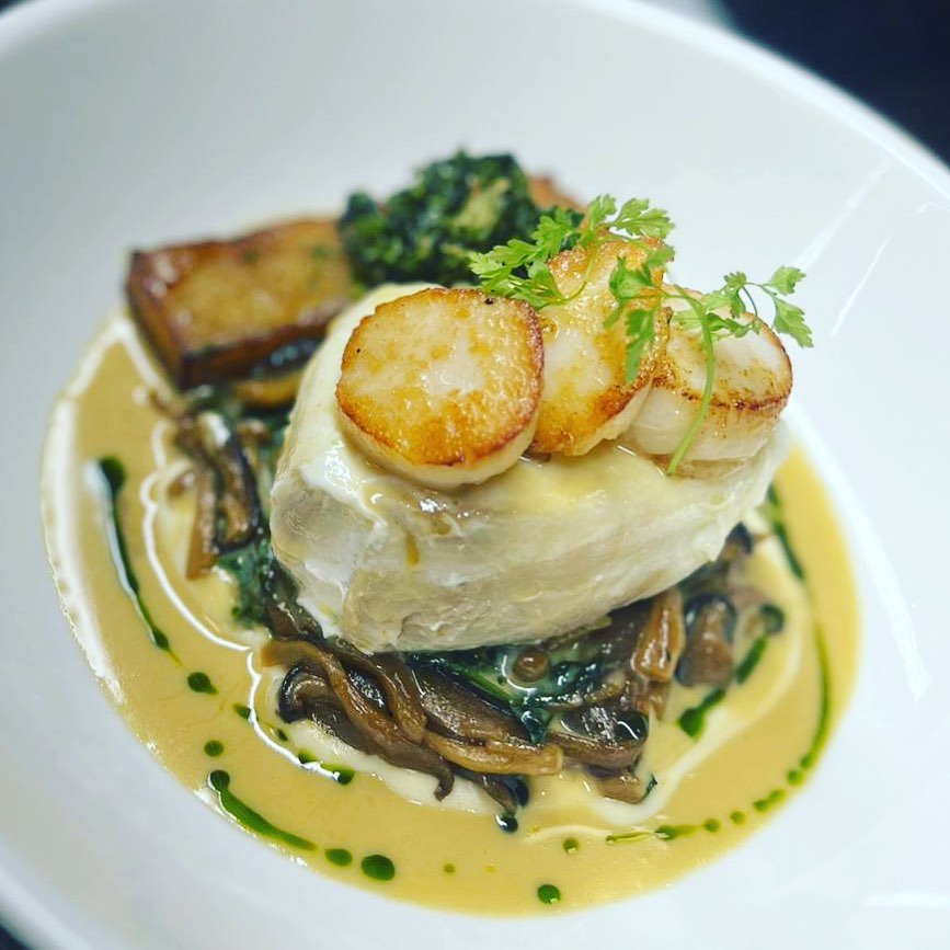 Roasted Halibut, Seared Scallops, Dashi Mushrooms, Lemongrass & Ginger Butter Sauce at Bistrot Vérité in Southport