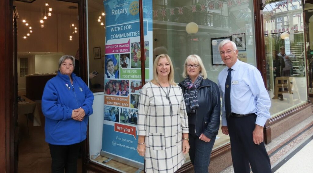 A special exhibition, John Duffy Watercolours, is taking place at Wayfarers Arcade on Lord Street in Southport town centre in collaboration with Johns family and The Rotary Club of Southport. Sandra Cain (left) and Keith Mitchell (right) from Southport Rotary; Yvonne Burns from Wayfarers Arcade (second left); and John Duffy's daughter Laura Butler (third left). Photo by Andrew Brown Media