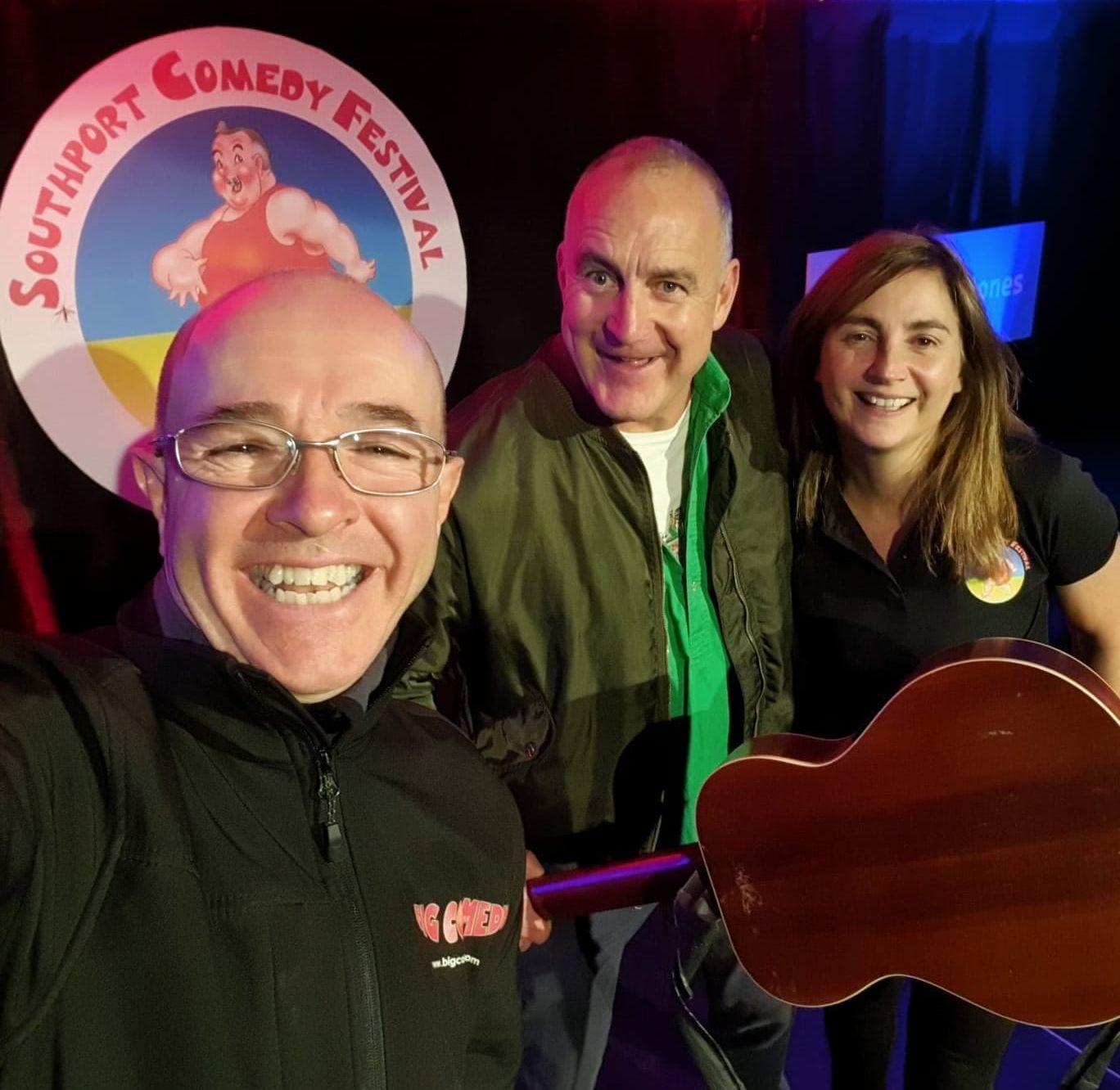 Jimeoin (centre) with Brendan Riley and Val Brady at Southport Comedy Festival 2022