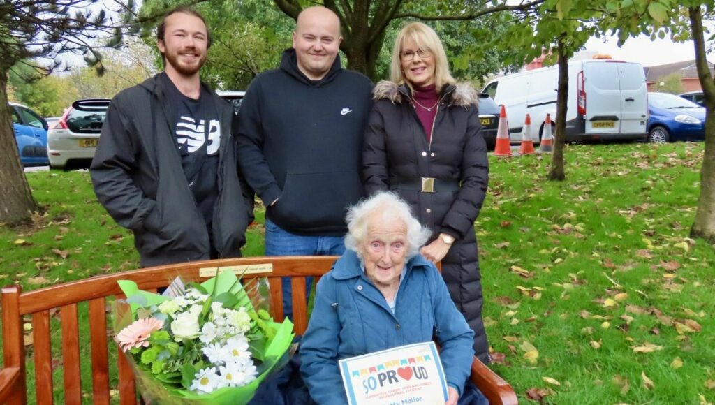 Staff at Southport and Formby District General Hospital presented a bench, flowers, cakes and a So Proud Award to Betty Mellor on her 91st birthday. Betty has been feeding the wildlife at the pond at the hospital every day for the past 30 years. Photo by Andrew Brown Media