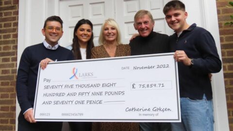 £75,000 raised in memory of much-loved Mum Catherine Gokcen presented to Larks at the Marina Dalglish Appeal