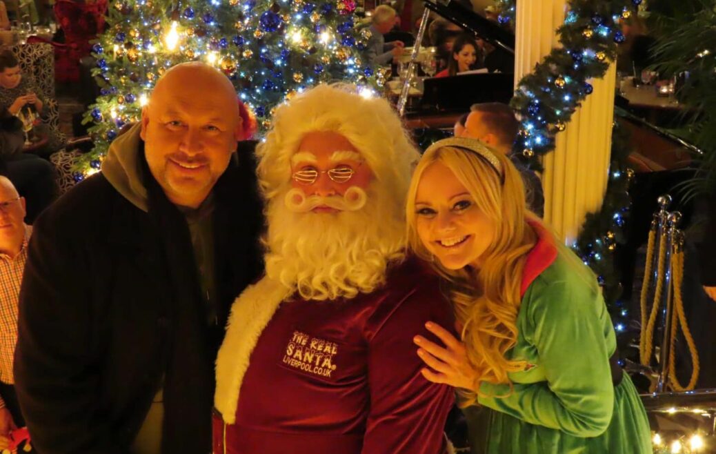 The Christmas lights switch on has taken place at The Grand on Lord Street in Southport. The Grand owner Andrew Mikhail; Father Christmas; and radio star Claire Simmo. Photo by Andrew Brown Media