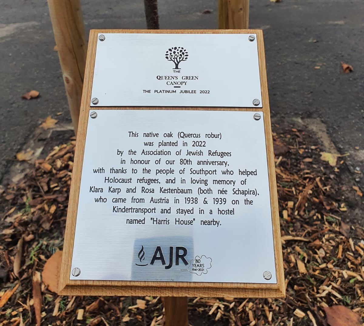 A pair of native oak trees have been planted at Argyle Road in Southport and Alexandra Park in Crosby as part of a nationwide campaign marking the 80th anniversary of the Association of Jewish Refugees (AJR)  the national charity providing social and welfare services to Holocaust refugees and survivors in the UK