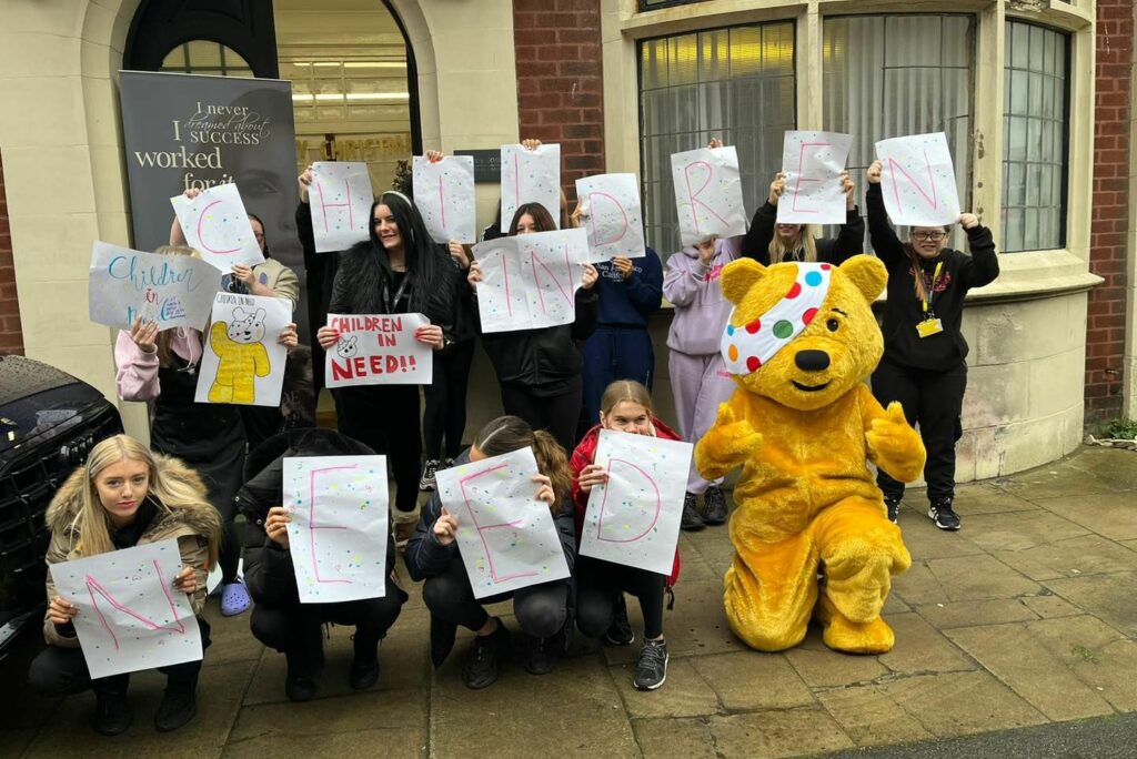 Pudsey Bear was brought to Ashley Jade Vocational College in Southport by volunteers from Southport Hesketh Round Table