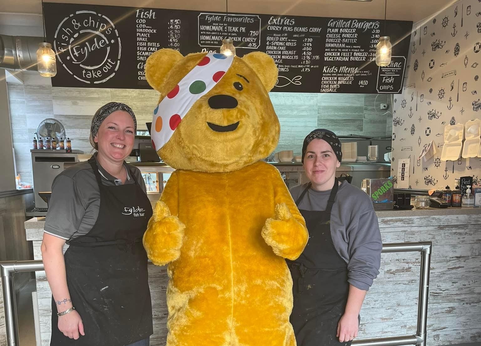Pudsey Bear was brought to Fylde Fish Bar in Southport by volunteers from Southport Hesketh Round Table