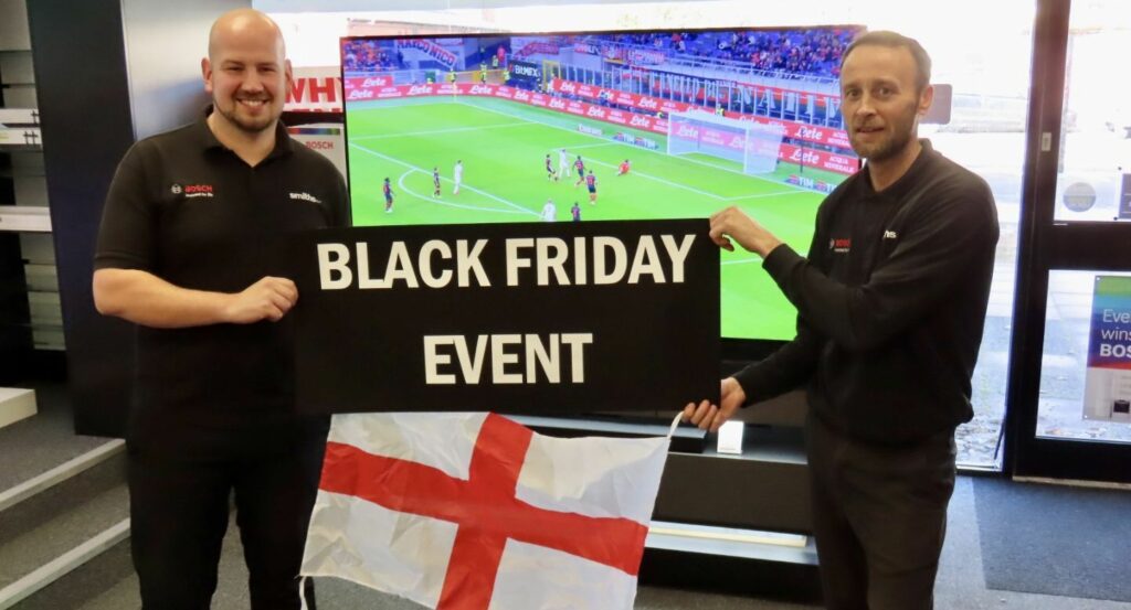 Smiths TV Director Mark Wright (left) with Peter Lloyd launch the Smith TV Black Friday sale ahead of the 2022 World Cup. Photo by Andrew Brown Media