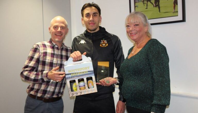 The Southport Brewery Man Of The Match, receiving the Adam Le Roi Trophy and chosen by Match Sponsor The Family Of Adam Le Roi was Josh Hmami