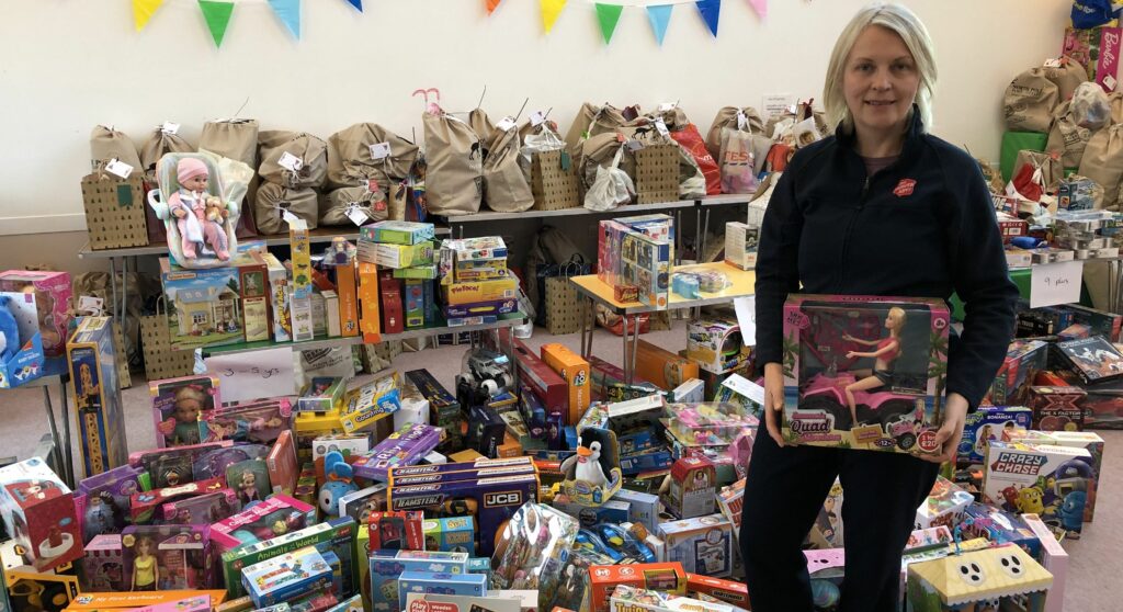 Captain Alison Hutchings with gift donations that The Salvation Army in Southport has received through its Christmas Present Appeal