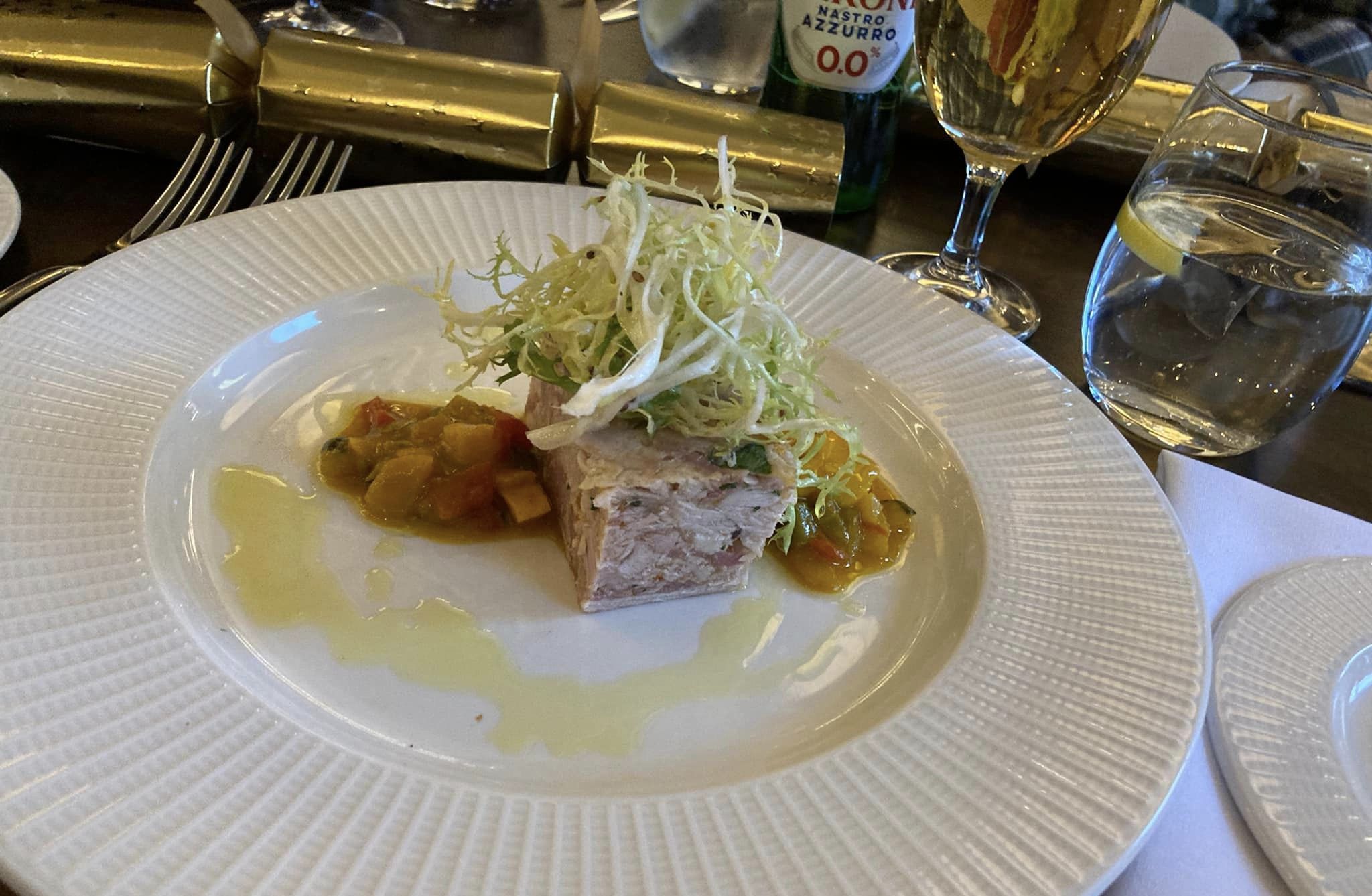 Christmas at The Grand in Southport. Chicken and ham terrine with  house piccalilli