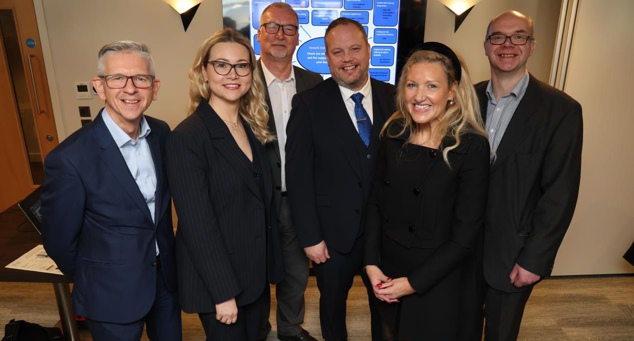 VIPs at the 2022 Sefton Economic Forum: (L-R) Robin Tudor - Liverpool John Lennon Airport, Irina Shmakova - Export Academy, Mick Gallagher - St Helens Chamber, James Brayshaw AdaptiveComms Group, Geraldine Fuller - Business and IP Centre, Ken Clark - Bank of England.