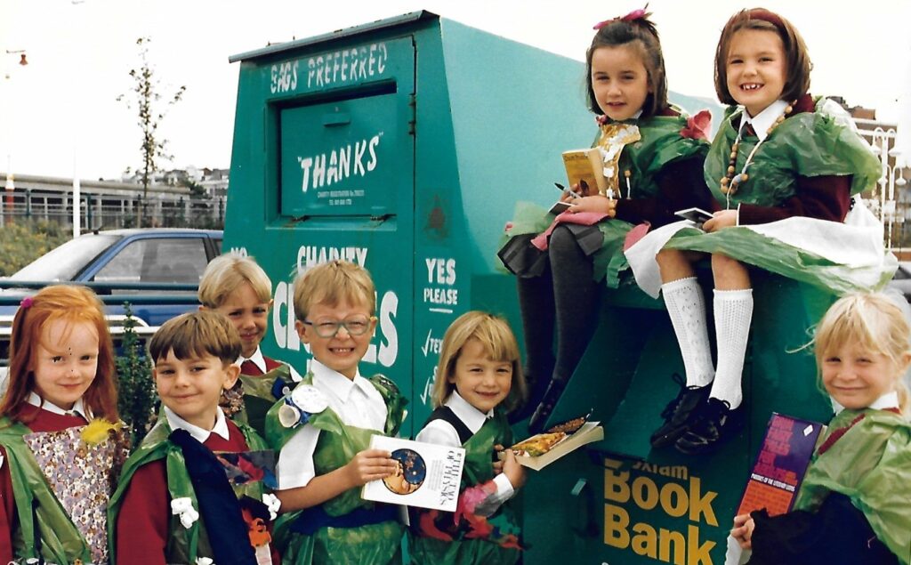 These children in excellent fancy dress recycle their books at the Book Bank at Safeway supermarket in Southport in October 1994