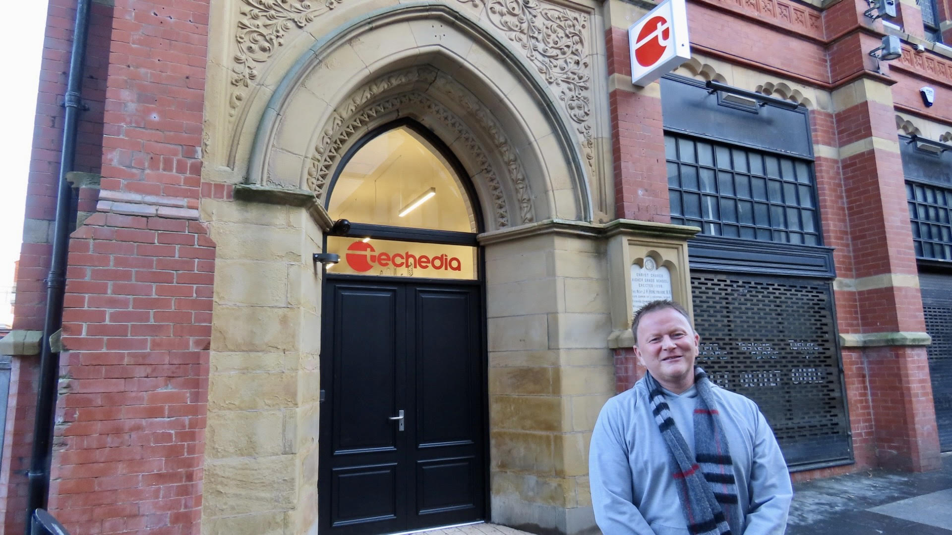 Techedia Managing Director Matthew Townson outside the Techedia offices at the Cloisters Building on Corporation Street in Southport town centre. Photo by Andrew Brown Media