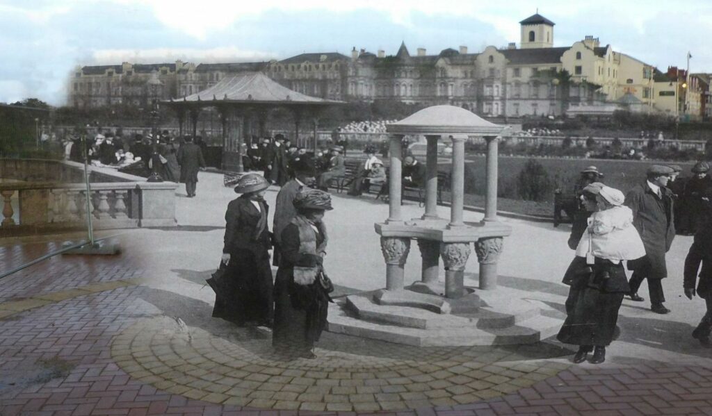 The drinking fountain in King's Gardens in 1913 with the Royal (Clifton) Hotel in the background. Photo courtesy of Southport historian Geoff Wright