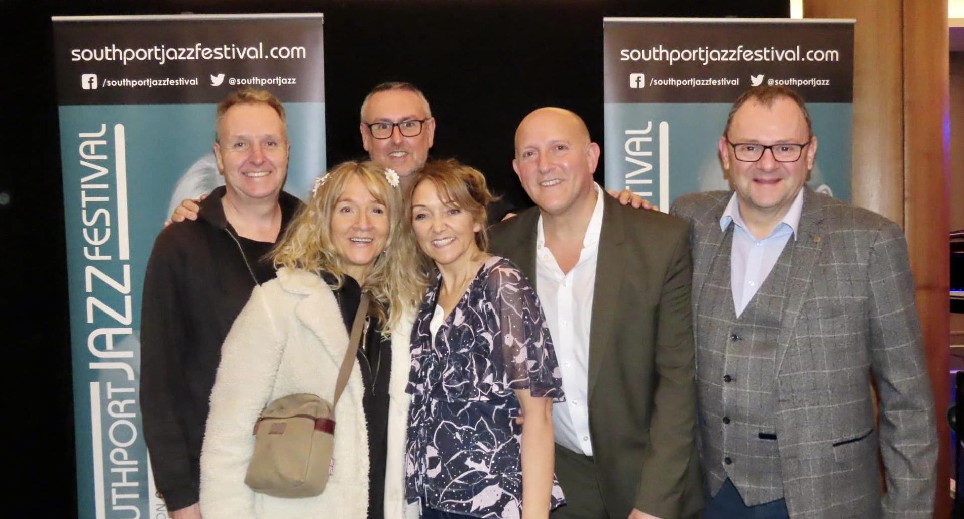 Jeremy Sassoon's MOJO, Musicians Of Jewish Origin, with Festival Directors Jez Murphy and Emma Holcroft at Southport Jazz Festival. Photo by Andrew Brown Media