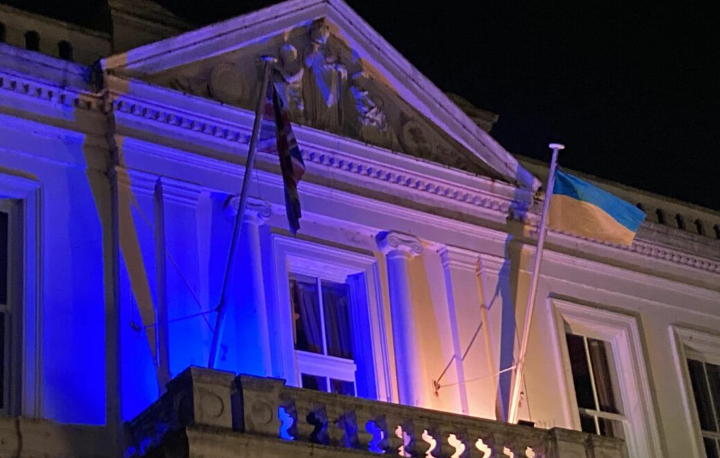 Southport Town Hall is lit up in the colours of the Ukraine flag to commemorate one year since the invasion by Russia. Photo by Andrew Brown Media