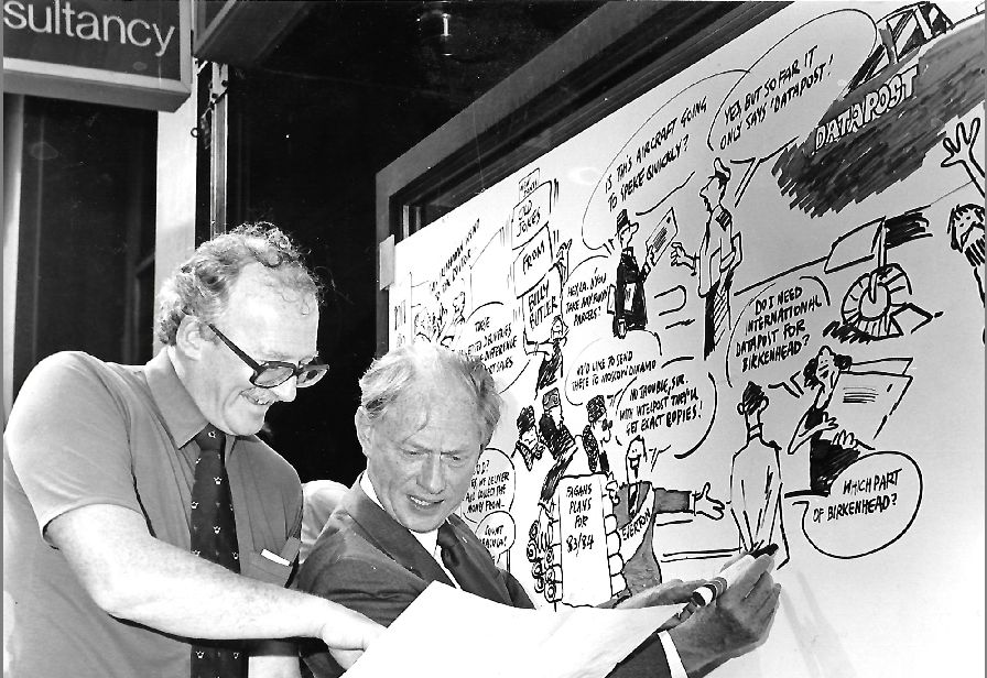 Legendary cartoonist Bill Tidy (left) in Southport in August 1983