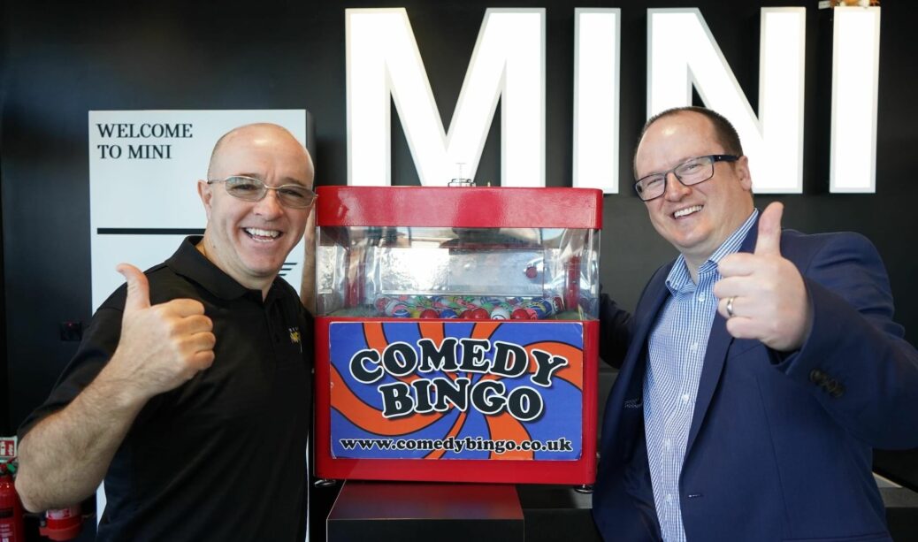 Comedy Bingo Spring Social host Brendan Riley with Aidan Williams, Group Marketing Manager at Halliwell Jones