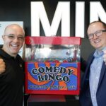 Comedy Bingo Spring Social host Brendan Riley with Aidan Williams, Group Marketing Manager at Halliwell Jones