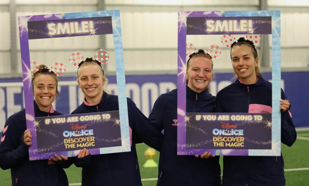 Everton Women's team had a surprise addition to their football training at Finch Farm this week when some of the star female skaters from Disney On Ice presents Discover the Magic dropped in for a visit
