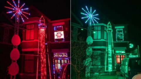 Sidney Road Lights in Southport goes red then green for Red Nose Day and St Patrick’s Day