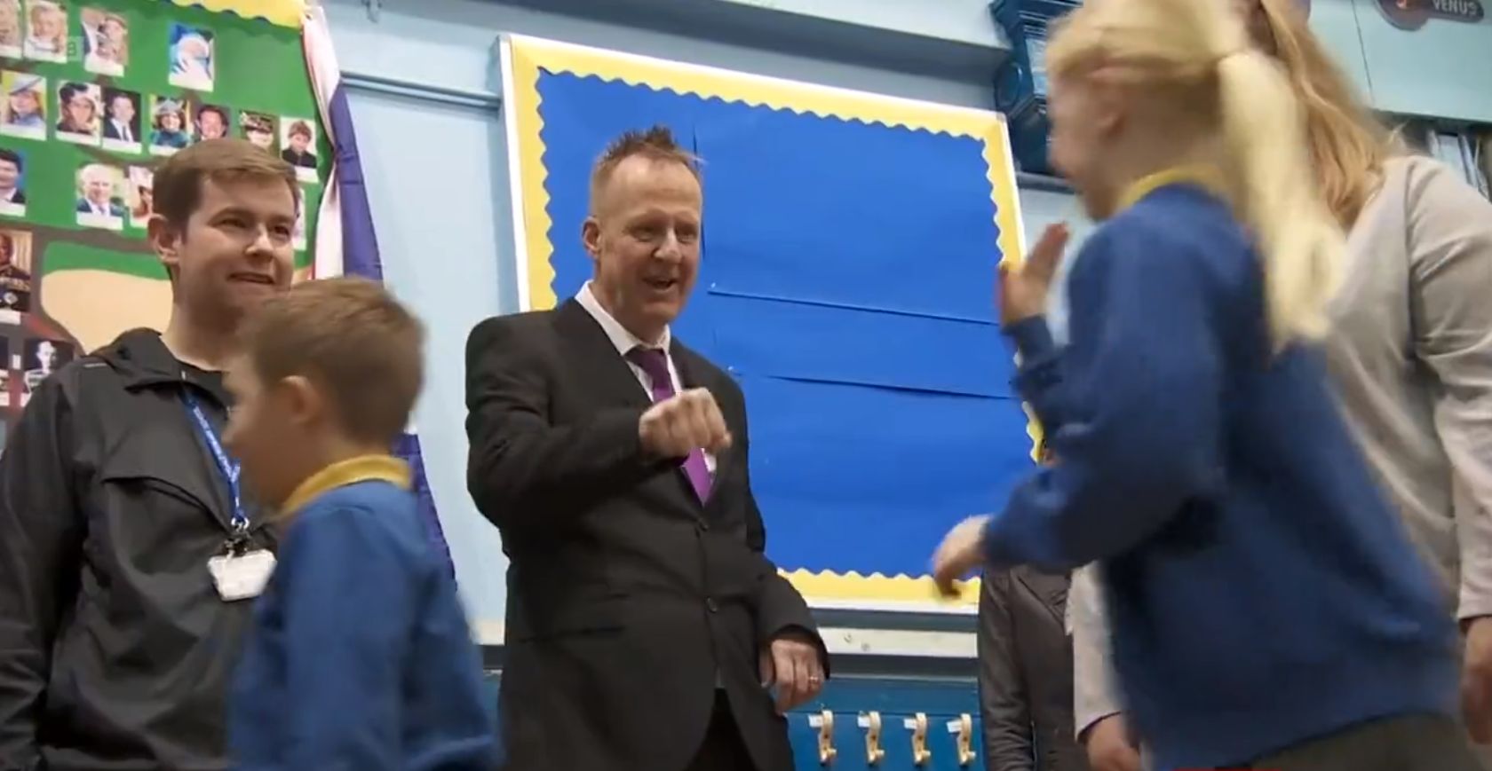 Nick Sheeran, the headteacher at Birkdale Primary School, returned to school for the first time after suffering a cardiac arrest on the last day of term. Photo by BBC Breakfast