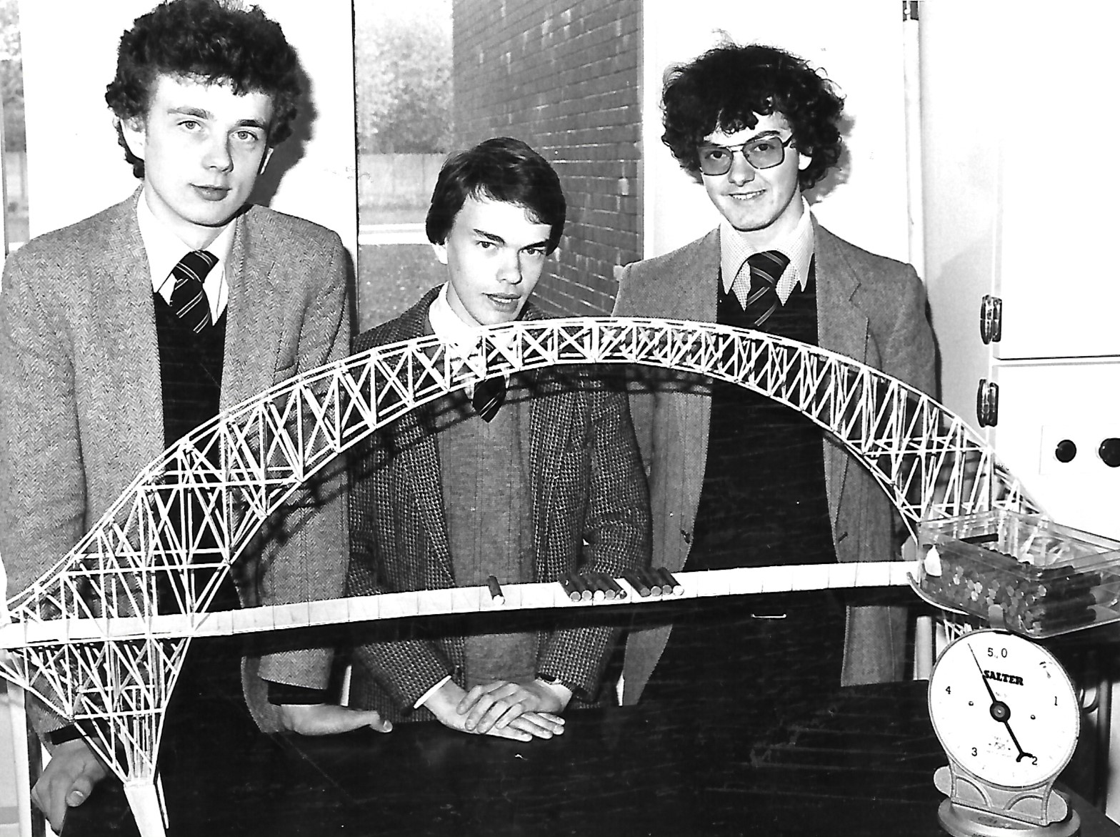 Students at King George V Grammar School - later to become King George V Sixth Form College - show off their impressive model bridge building skills