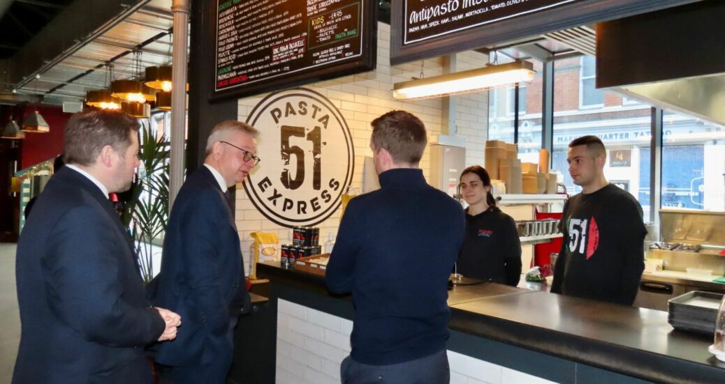 Secretary of State for Levelling Up, Housing, and Communities Michael Gove enjoyed a tour of the venue and walked around chatting with local traders, including Anastasia Kozmina and Oleksiy Danko at Pasta 51 Express