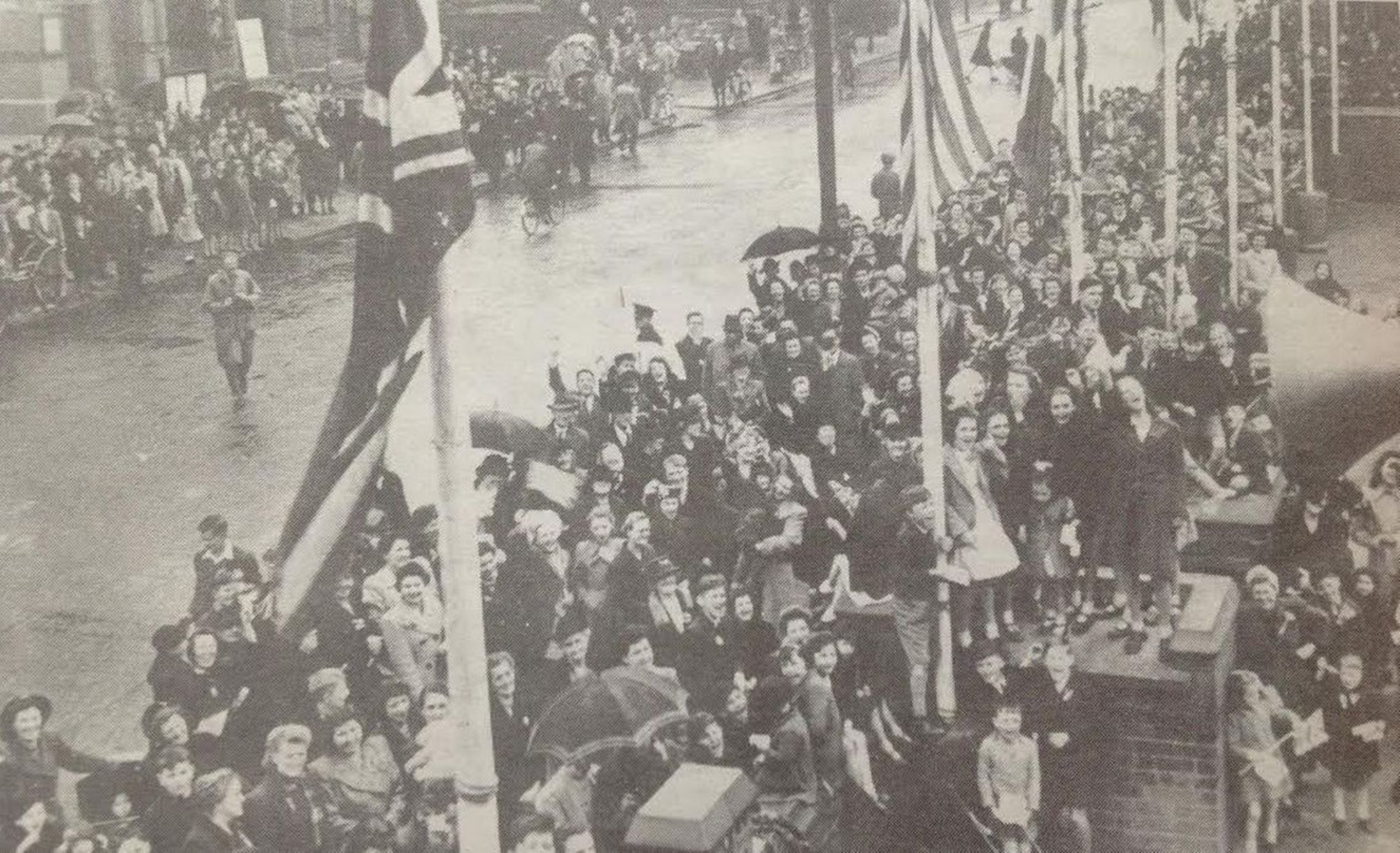 The scene outside Crosby Central School when the Mayor, Alderman H Preston-Reynolds, made his VE Day speech to the assembled crowds in May 1945 near the end of World War II