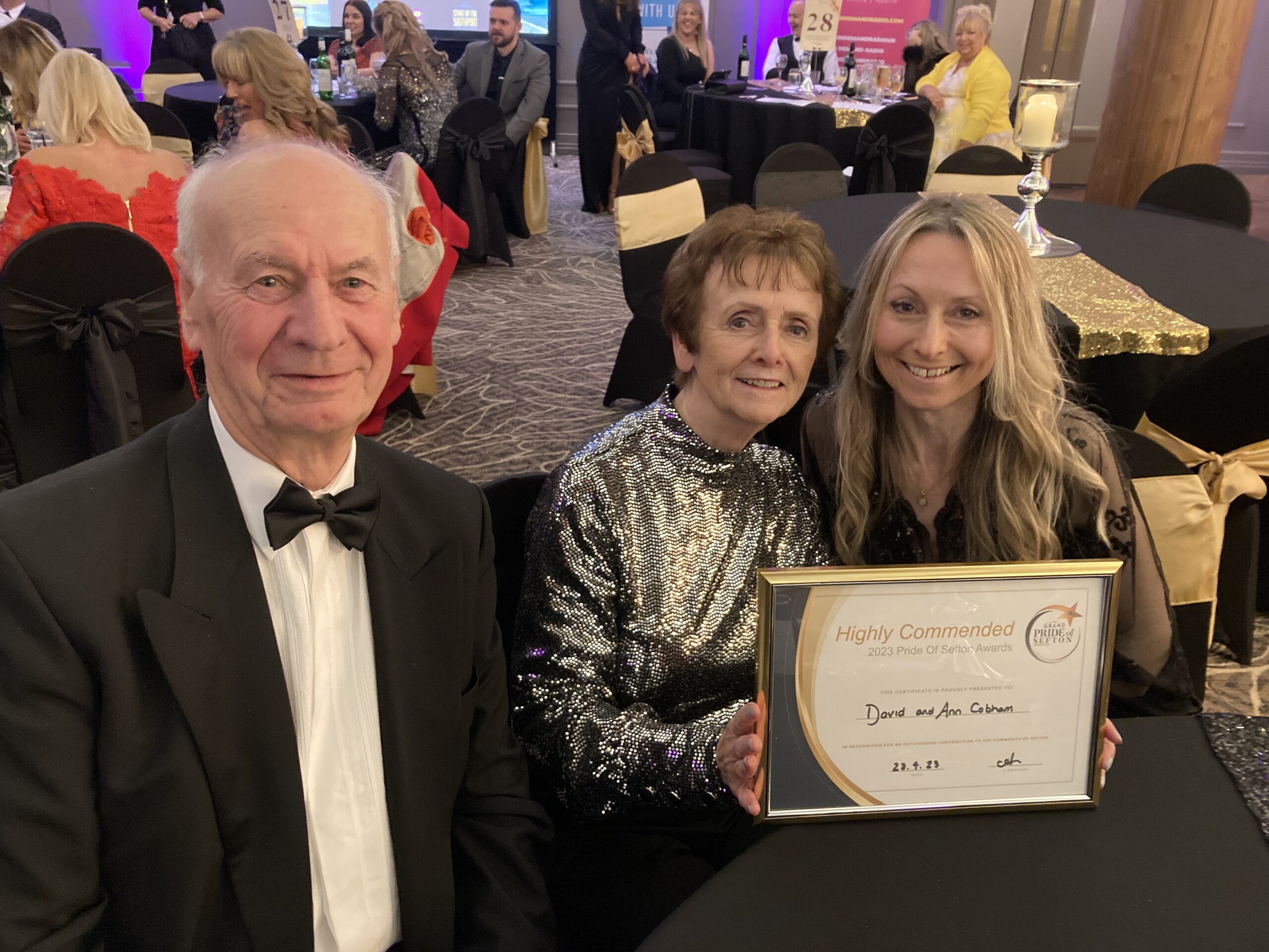 Botanic Gardens volunteers David and Ann Cobham, with their daughter Laura at the 2023 Pride Of Sefton Awards