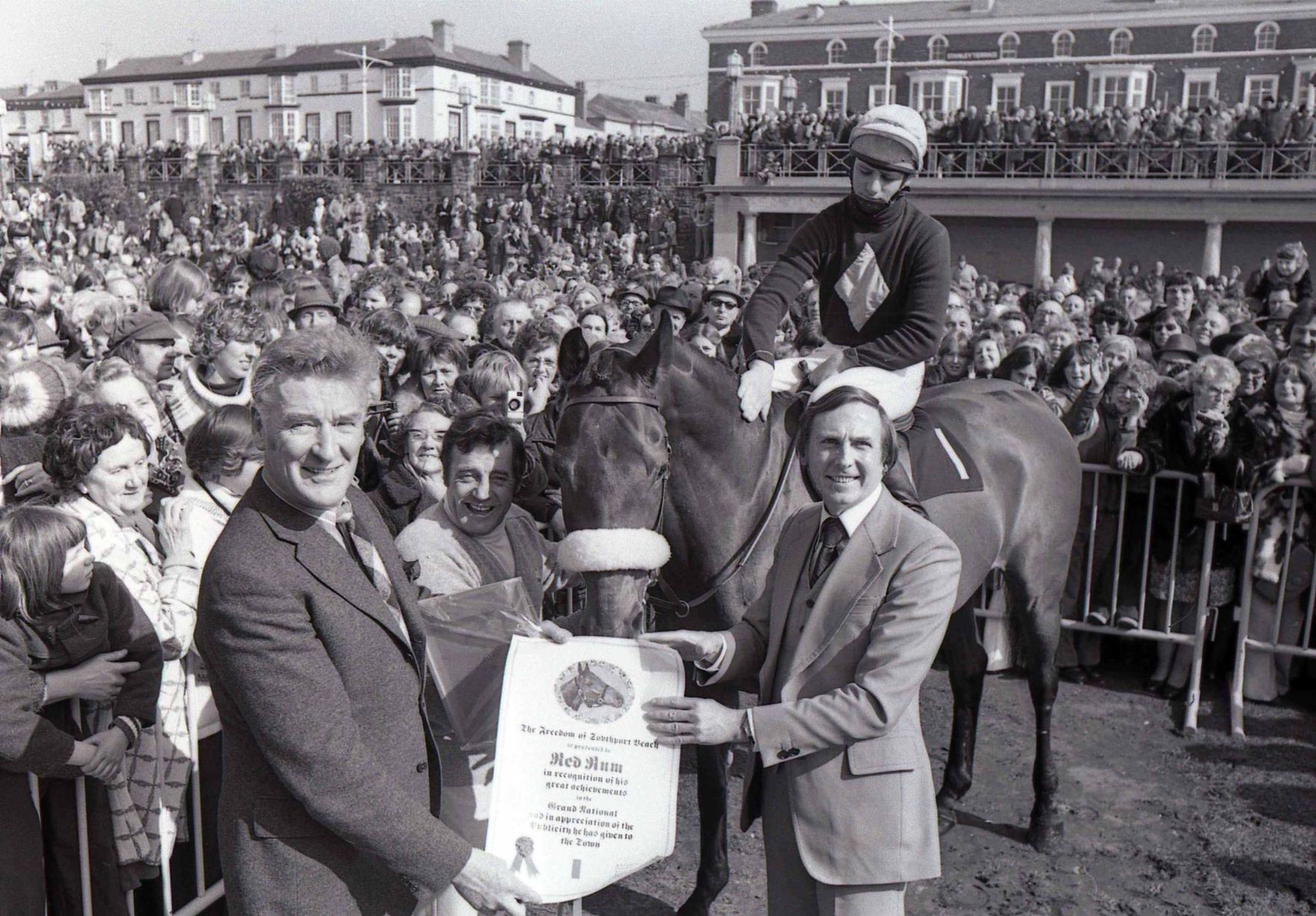 Red Rum with Ginger McCain recieve the freedom of Southport Sands in recognition of their achievements in promoting Southport 1978