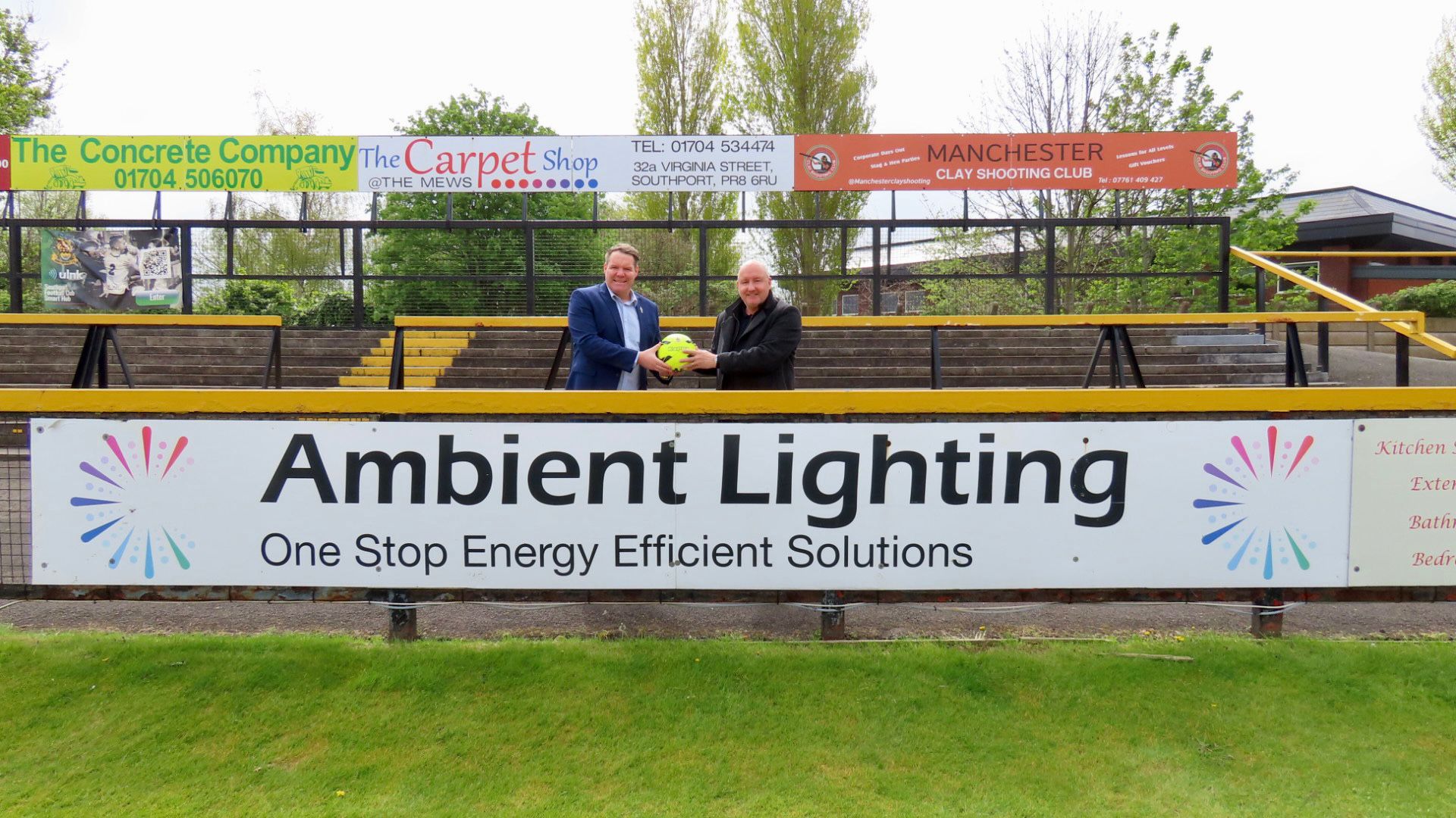 Ambient Group Services is thrilled to be able to provide financial backing for Southport Football Club. Ambient Group Services Director Joseph McLoughlin with Steven Brown from Southport Football Club. Photo by Andrew Brown of Stand Up For Southport