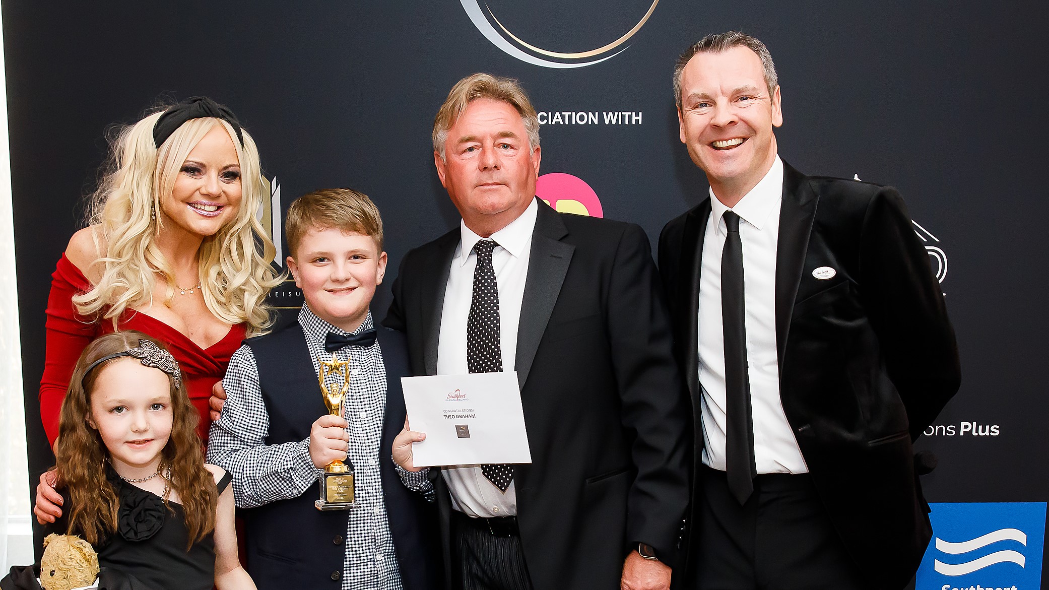 (L-R) Jessica Dowle, Clàire Simmo, Theo Graham, Norman Wallis, Fraser Dainton at the Pride of Sefton Awards ceremony. Kevin Brown Photography