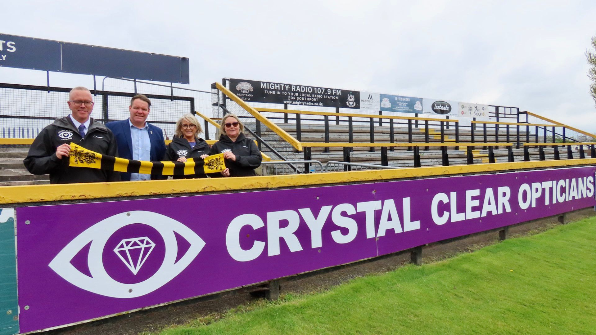 Crystal Clear Opticians in Southport are backing Southport Football Club. Neil Mattack, Paula McKeown and Marta Garrod from Crystal Clear are pictured with Steven Brown from Southport FC. Photo by Andrew Brown of Stand Up For Southport