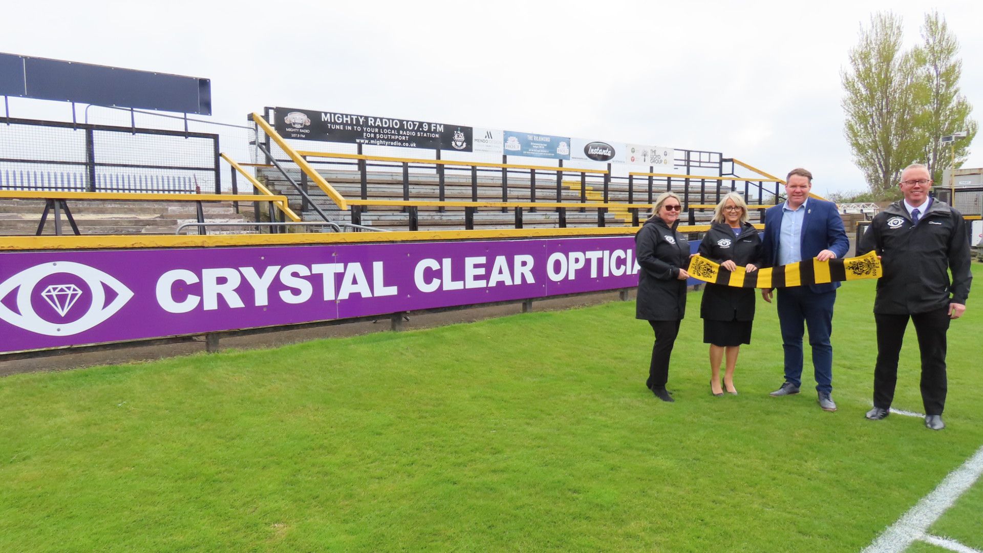 Crystal Clear Opticians in Southport are backing Southport Football Club. Neil Mattack, Paula McKeown and Marta Garrod from Crystal Clear are pictured with Steven Brown from Southport FC. Photo by Andrew Brown of Stand Up For Southport