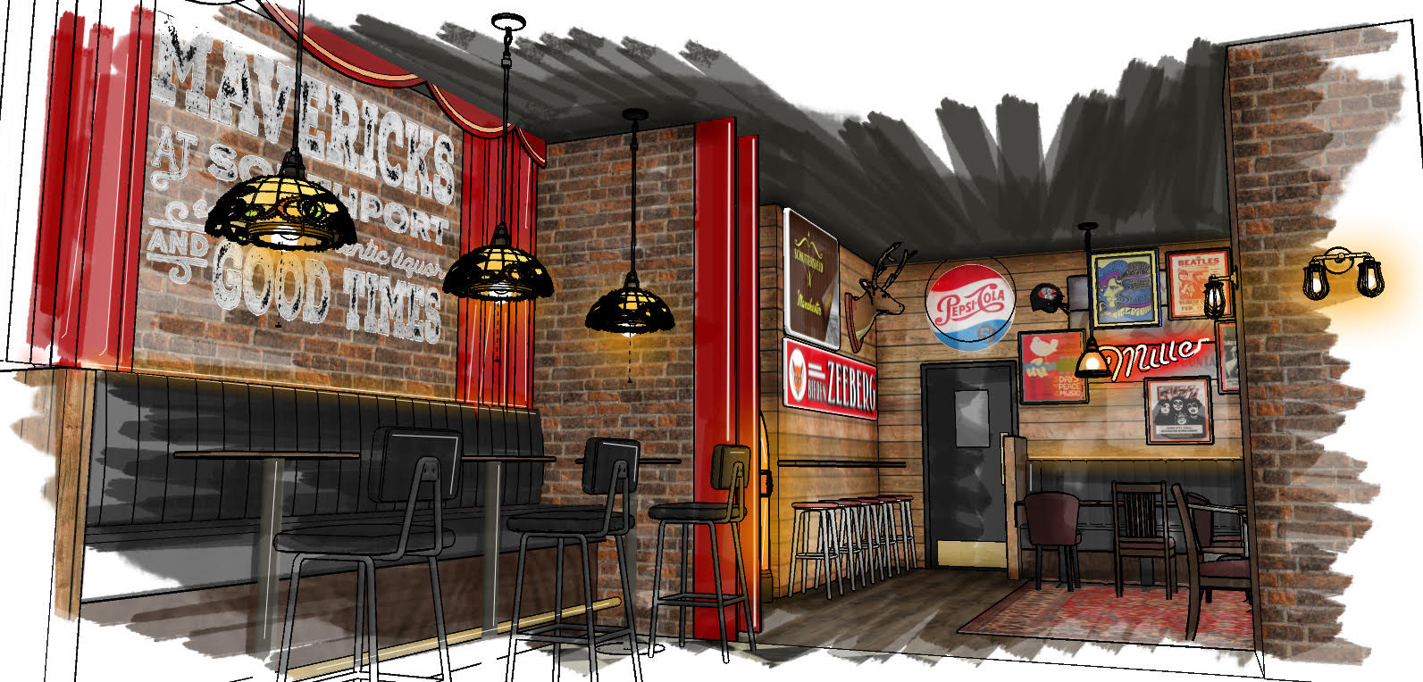 An artist's impression of the new Maverick's American Themed Dive Bar which is being opened on the corner of Lord Street and Nevill Street in Southport by Mikhail Hotel and Leisure Group