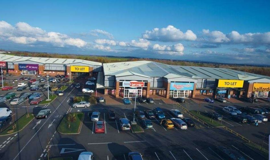 Meols Cop retail park in Southport, showing two available vacant units. Photo by Savills