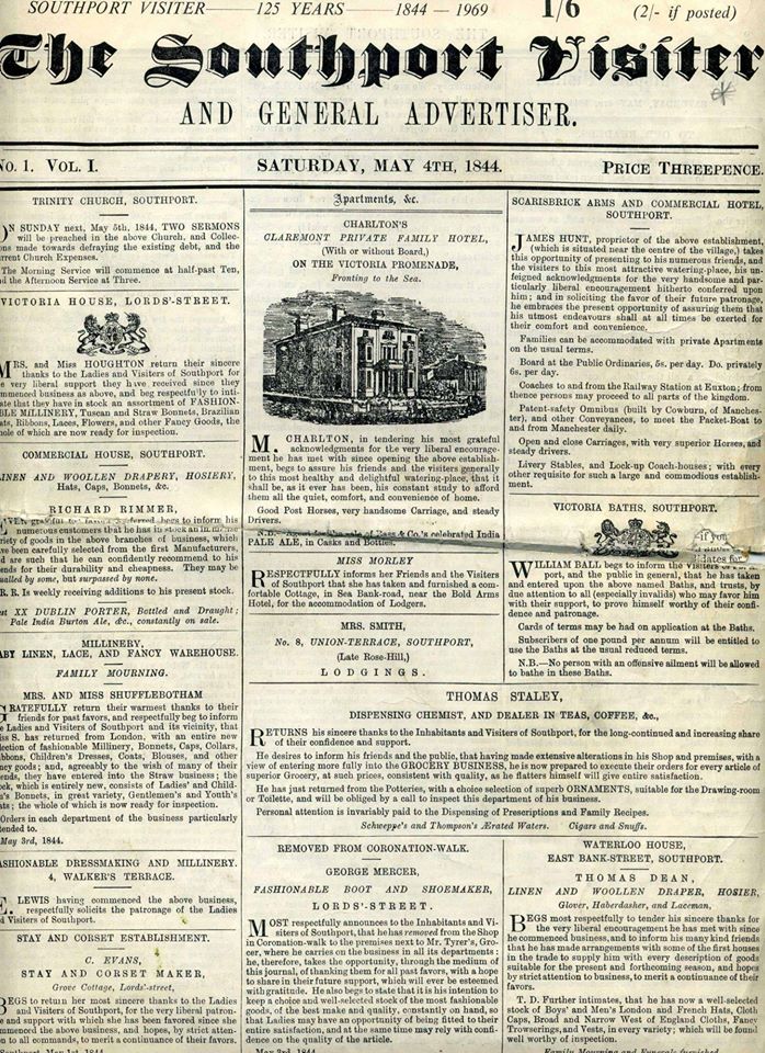 The first edition of the Southport Visiter newspaper on 4th May 1844